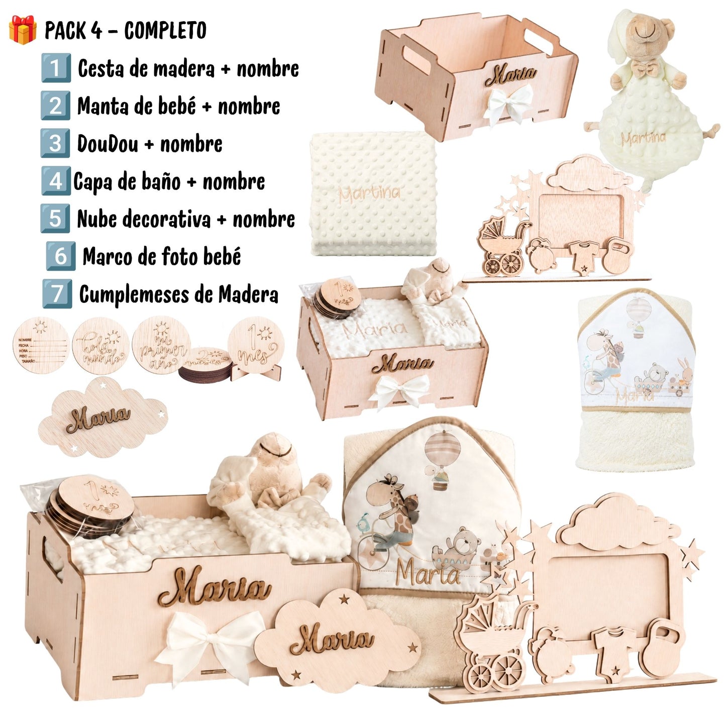 Manta Bebé Personalizada con Nombre - Regalo Recién Nacido Niña o Niño - Cesta Regalo Bebé con Dou Dou y Placas - Mantita Suave - Hecho en España (Cesta Bebe Completo)