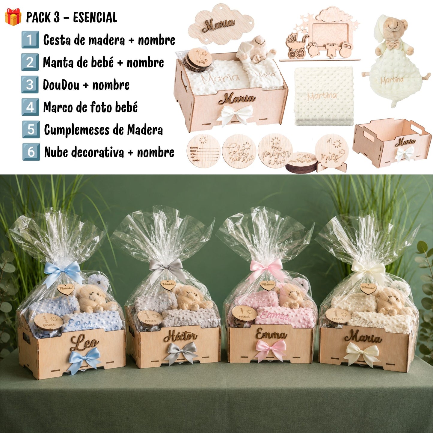 Manta Bebé Personalizada con Nombre - Regalo Recién Nacido Niña o Niño - Cesta Regalo Bebé con Dou Dou y Placas - Mantita Suave - Hecho en España (Cesta Bebe Esencial)