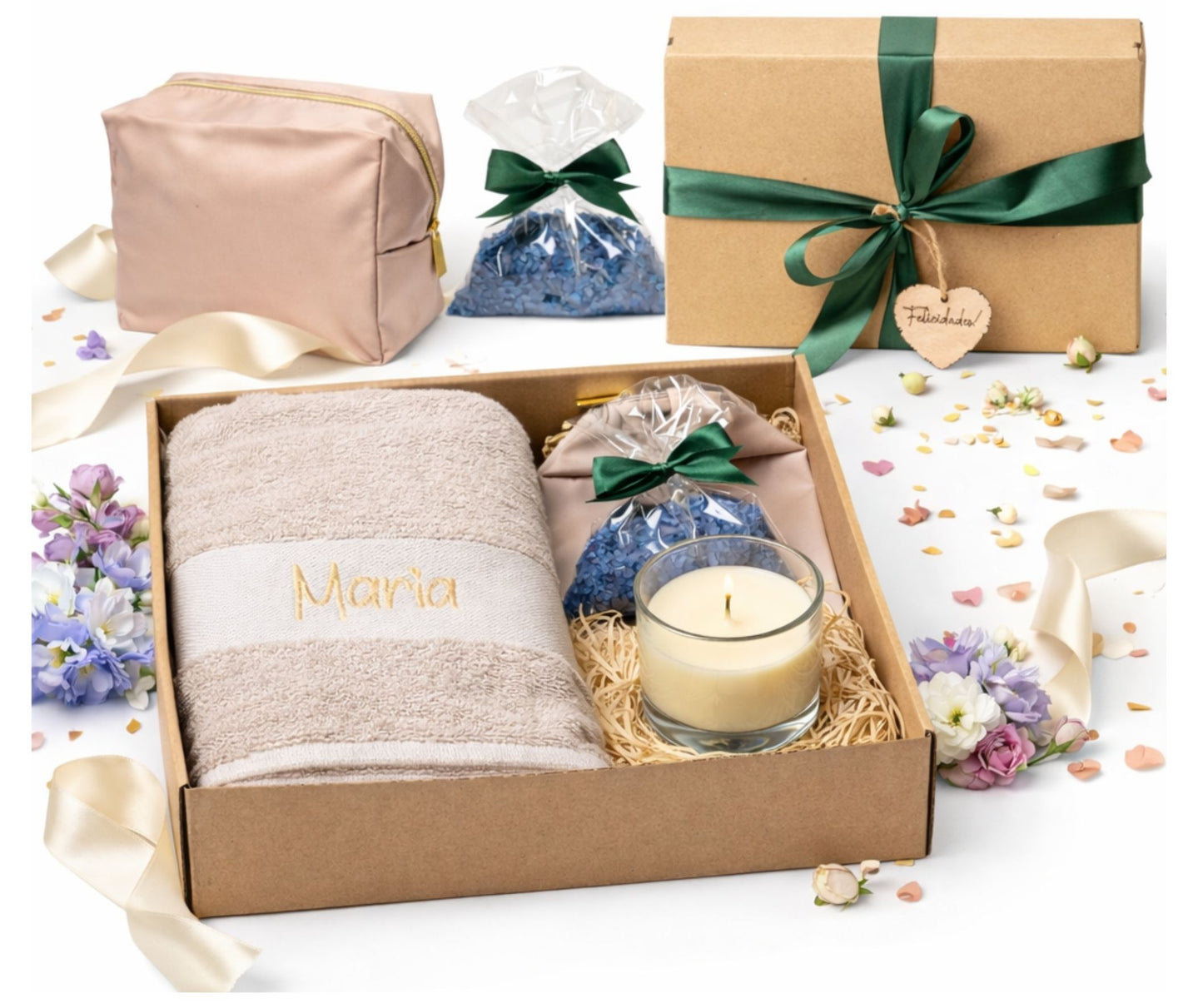 Regalo Día de la Madre, Regalos para Madres, Set con Toalla Personalizada Bordada con Nombre, Neceser, Vela Aromática y Sales de Baño, Regalo Mamá Original Cumpleaños Mujer