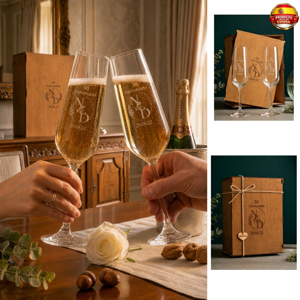 Copas de champán grabadas con nombres para regalo de boda