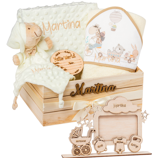 Regalo para Bebé Recién Nacido Niño o Niña | Cesta con Manta, DouDou, Marco Bebé y Hello World|Canastilla Embarazo,Bautizo,Hospital y Baby Shower | Nombre en Madera | Olesea (Beige)