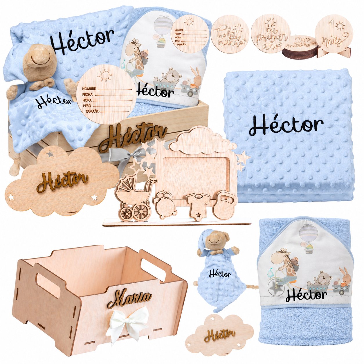 Manta Bebé Personalizada con Nombre - Regalo Recién Nacido Niña o Niño - Cesta Regalo Bebé con Dou Dou y Placas - Mantita Suave - Hecho en España (Cesta Bebe Completo)