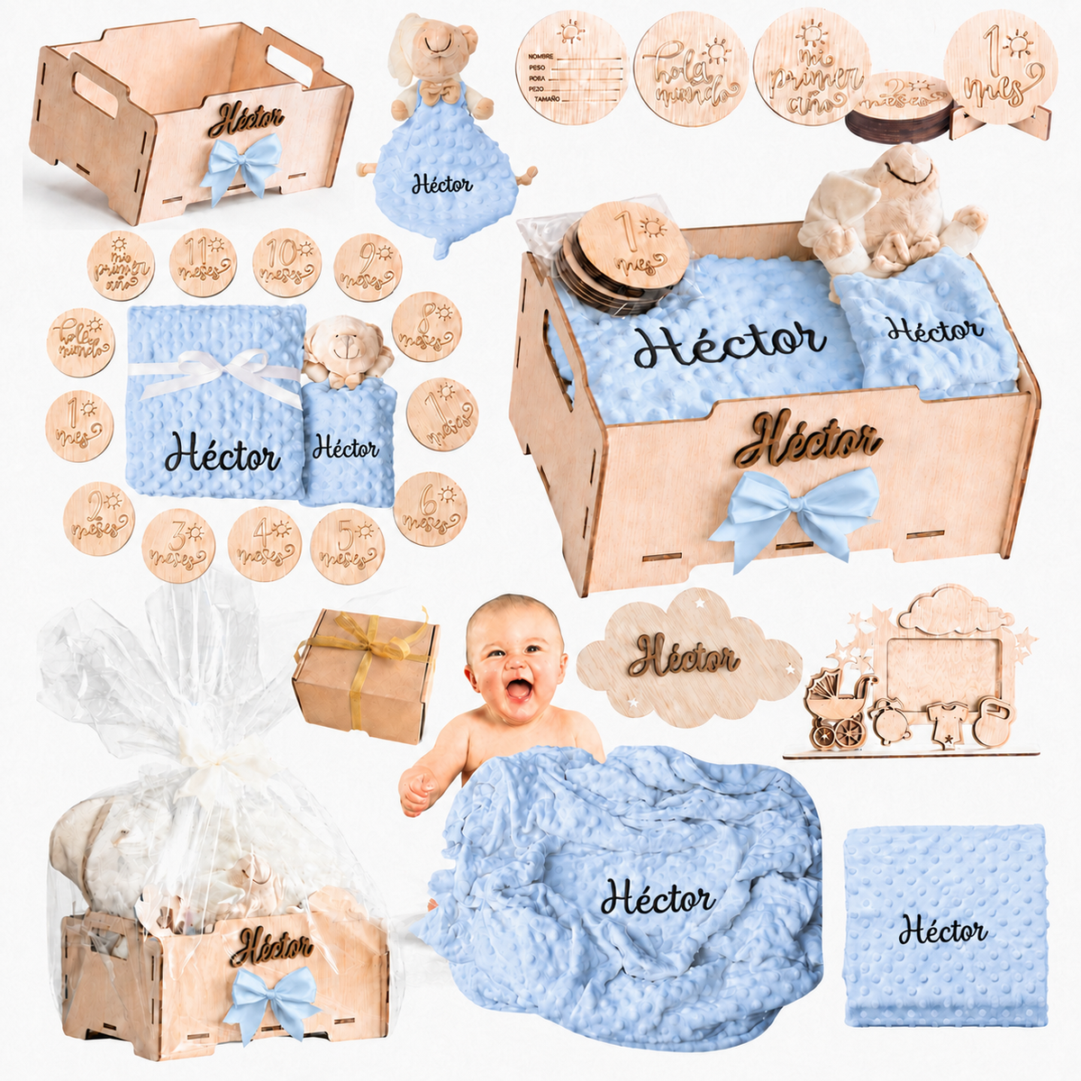 Manta Bebé Personalizada con Nombre - Regalo Recién Nacido Niña o Niño - Cesta Regalo Bebé con Dou Dou y Placas - Mantita Suave - Hecho en España (Cesta Bebe Esencial)