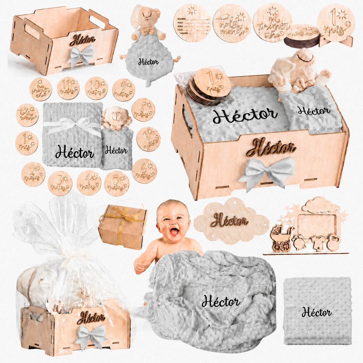 Manta Bebé Personalizada con Nombre - Regalo Recién Nacido Niña o Niño - Cesta Regalo Bebé con Dou Dou y Placas - Mantita Suave - Hecho en España (Cesta Bebe Esencial)