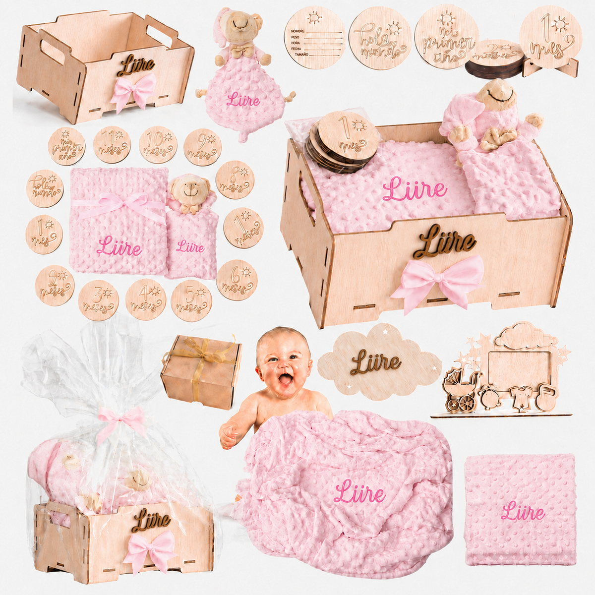 Manta Bebé Personalizada con Nombre - Regalo Recién Nacido Niña o Niño - Cesta Regalo Bebé con Dou Dou y Placas - Mantita Suave - Hecho en España (Cesta Bebe Esencial)