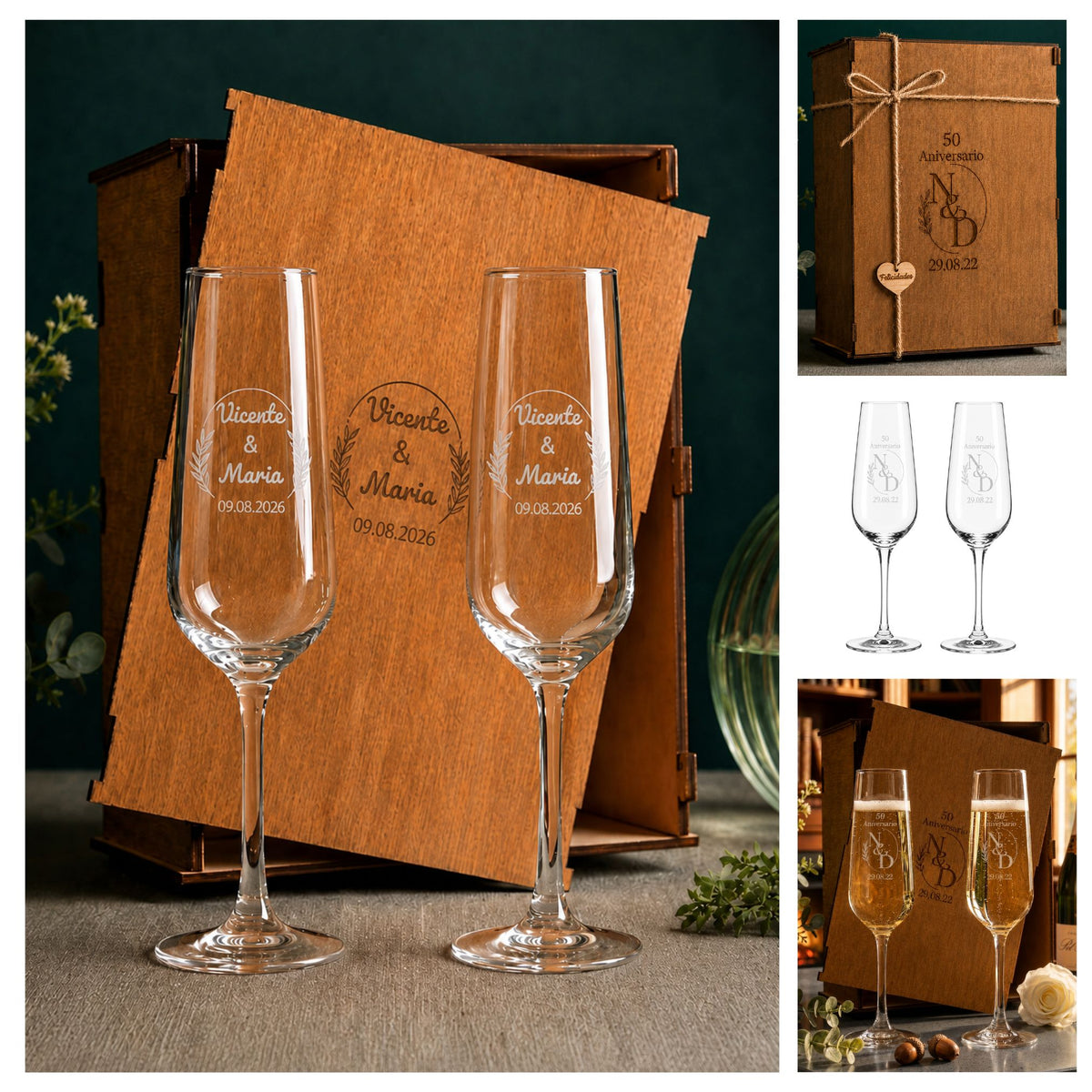Regalo personalizado para pareja con copas de champán grabadas