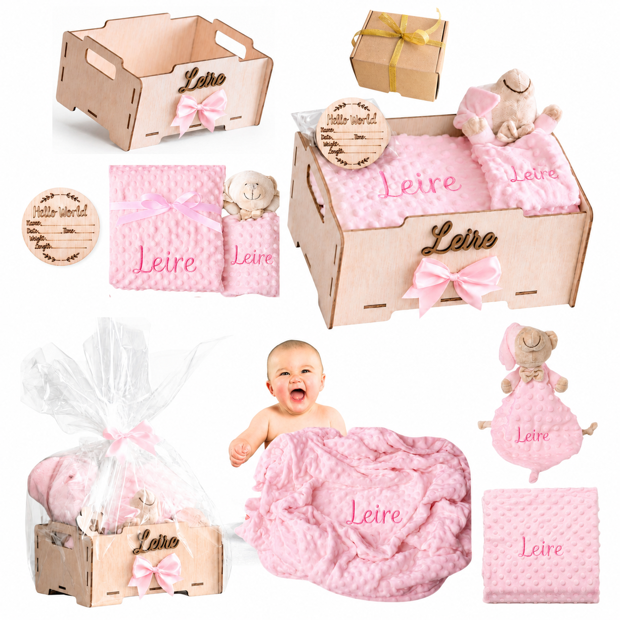 Manta Bebé Personalizada con Nombre - Regalo Recién Nacido Niña o Niño - Cesta Regalo Bebé con Dou Dou y Placas - Mantita Suave - Hecho en España (Cesta Bebe Basic)