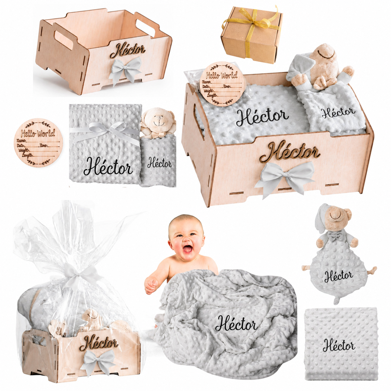 Manta Bebé Personalizada con Nombre - Regalo Recién Nacido Niña o Niño - Cesta Regalo Bebé con Dou Dou y Placas - Mantita Suave - Hecho en España (Cesta Bebe Basic)