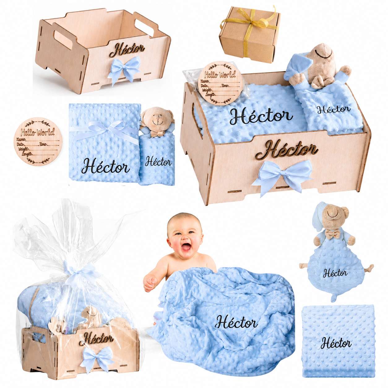 Manta Bebé Personalizada con Nombre - Regalo Recién Nacido Niña o Niño - Cesta Regalo Bebé con Dou Dou y Placas - Mantita Suave - Hecho en España (Cesta Bebe Basic)