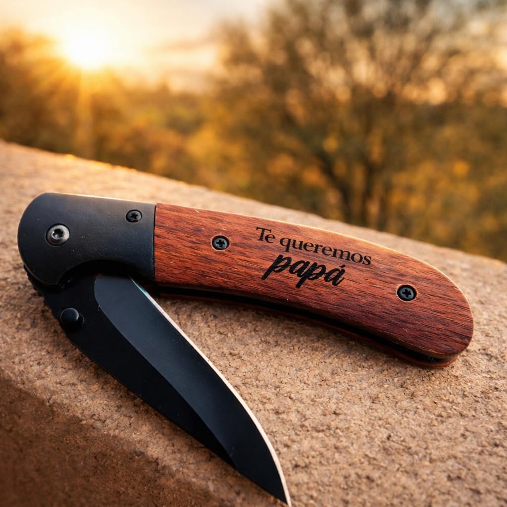 Regalo dia del Padre Navaja Personalizada Grabada con Nombre Original para Padre, Abuelo o Novio – Cumpleaños y Aniversario – Caja Premium Incluida o Madera Para Personalizar
