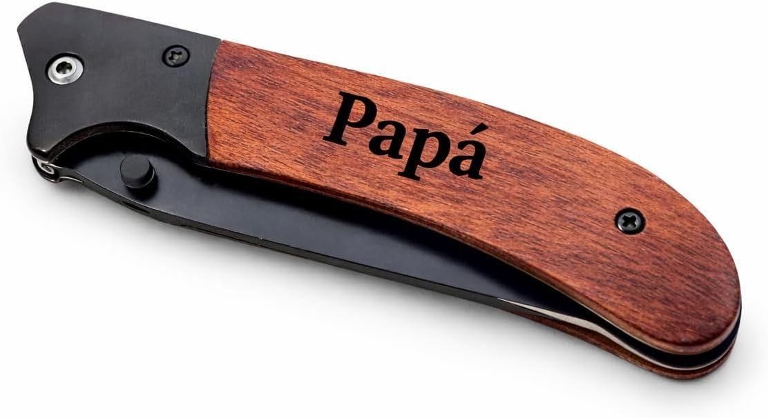 Regalo dia del Padre Navaja Personalizada Grabada con Nombre Original para Padre, Abuelo o Novio – Cumpleaños y Aniversario – Caja Premium Incluida o Madera Para Personalizar