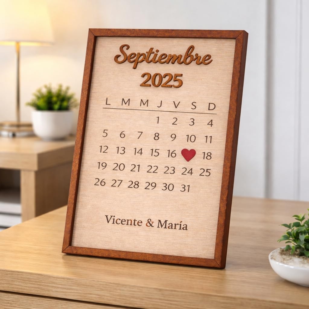 Marco de Madera Personalizado para Parejas con Calendario de Aniversario – Regalo de Boda o San Valentín – Fecha Especial con Corazón en Relieve