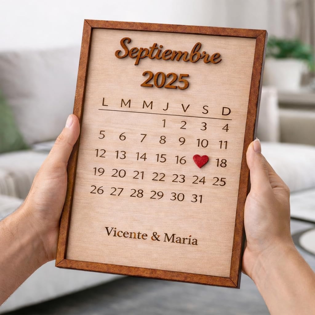 Marco de Madera Personalizado para Parejas con Calendario de Aniversario – Regalo de Boda o San Valentín – Fecha Especial con Corazón en Relieve