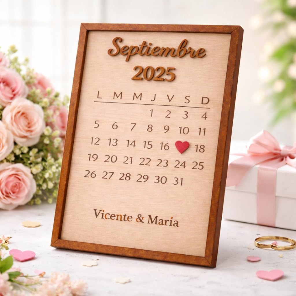 Marco de Madera Personalizado para Parejas con Calendario de Aniversario – Regalo de Boda o San Valentín – Fecha Especial con Corazón en Relieve