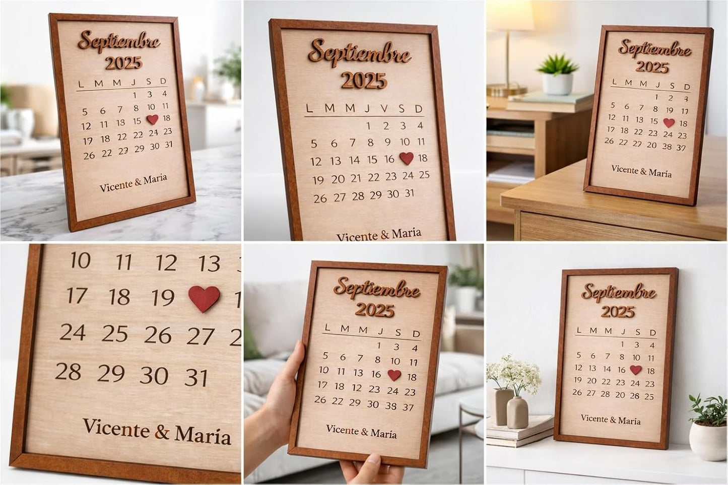 Marco de Madera Personalizado para Parejas con Calendario de Aniversario – Regalo de Boda o San Valentín – Fecha Especial con Corazón en Relieve