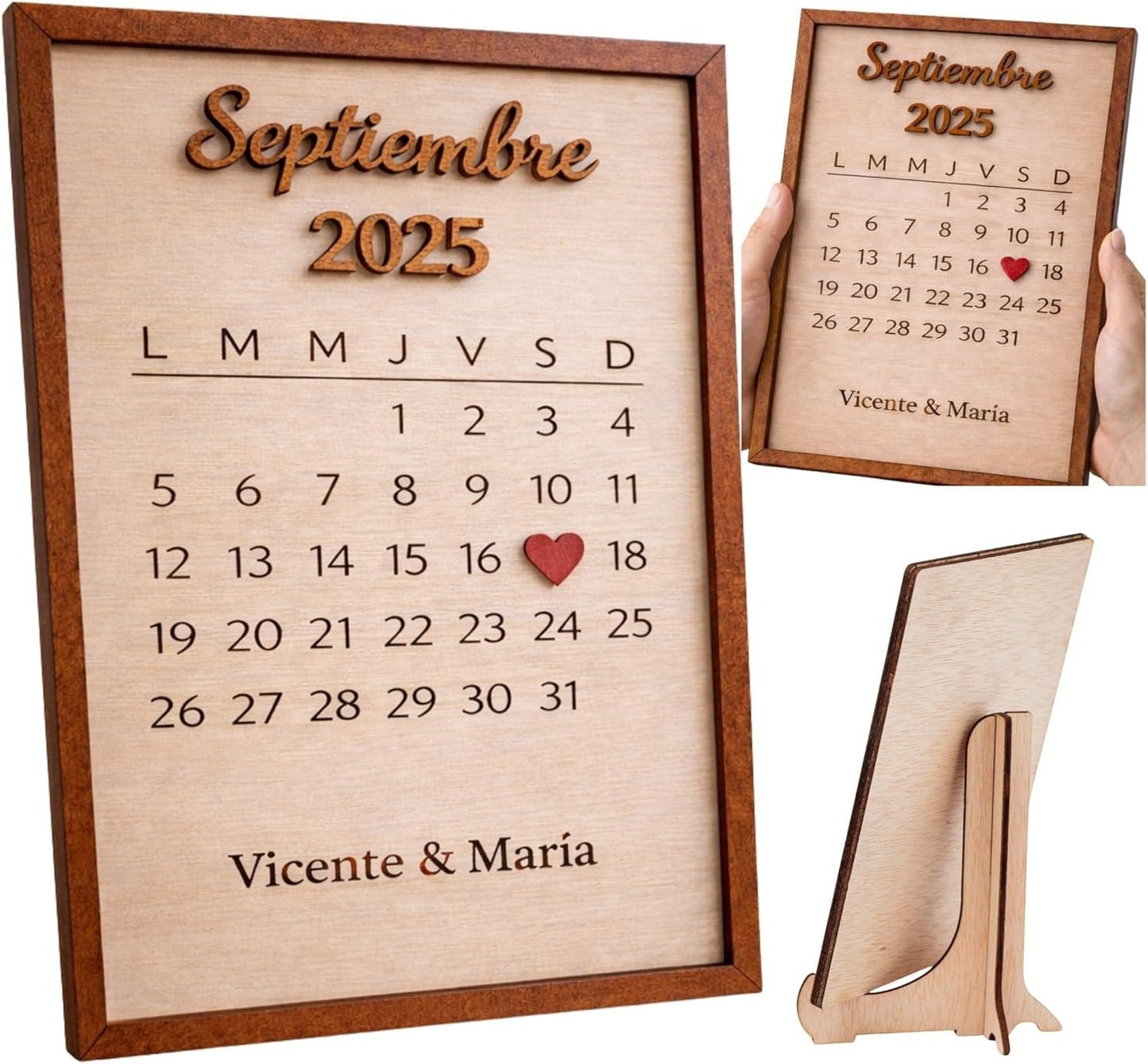 Marco de Madera Personalizado para Parejas con Calendario de Aniversario – Regalo de Boda o San Valentín – Fecha Especial con Corazón en Relieve